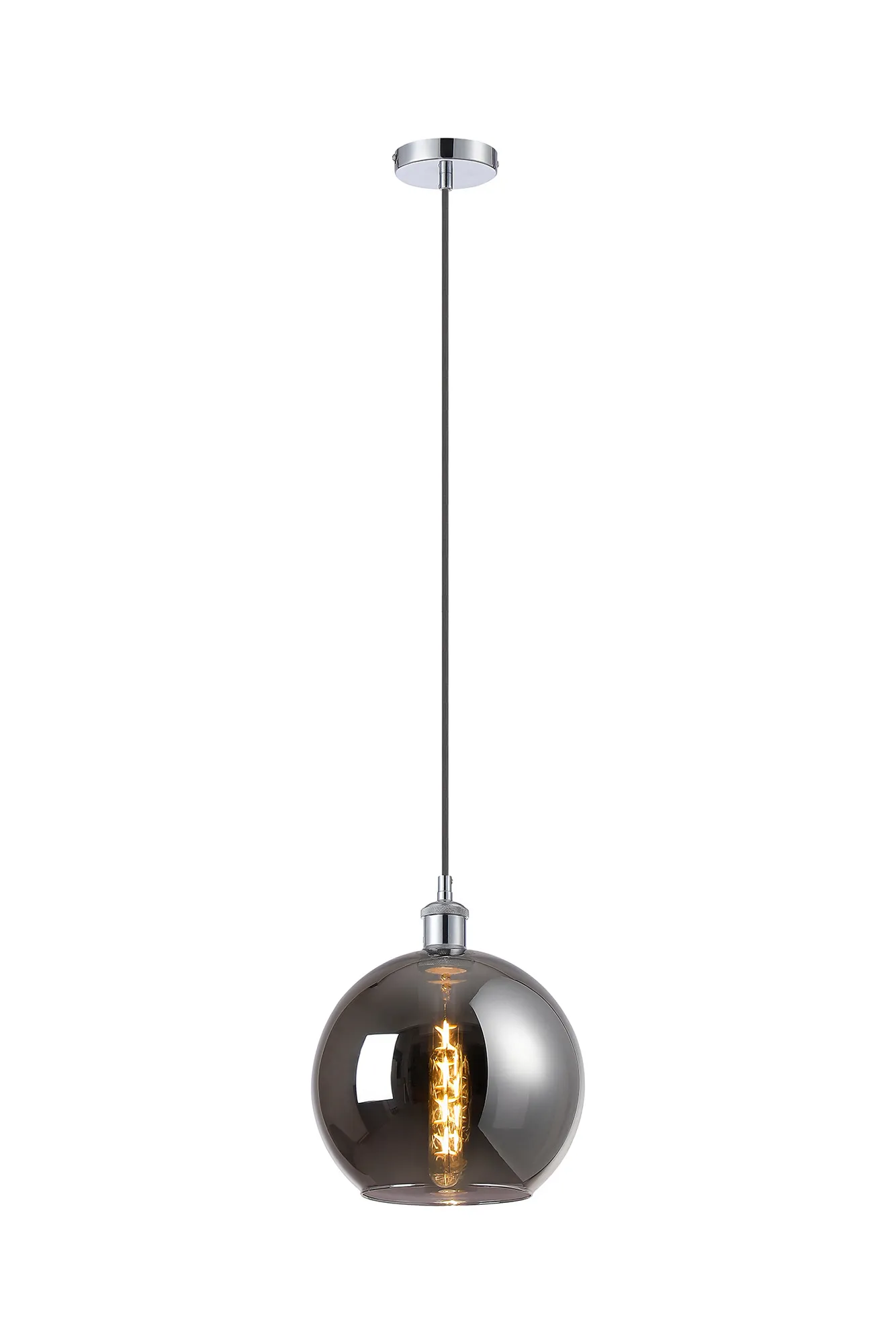 DK1137  Cawdor Single Pendant, 1 Light E27, Polished Chrome/Black/Chrome Plated Globe Glass